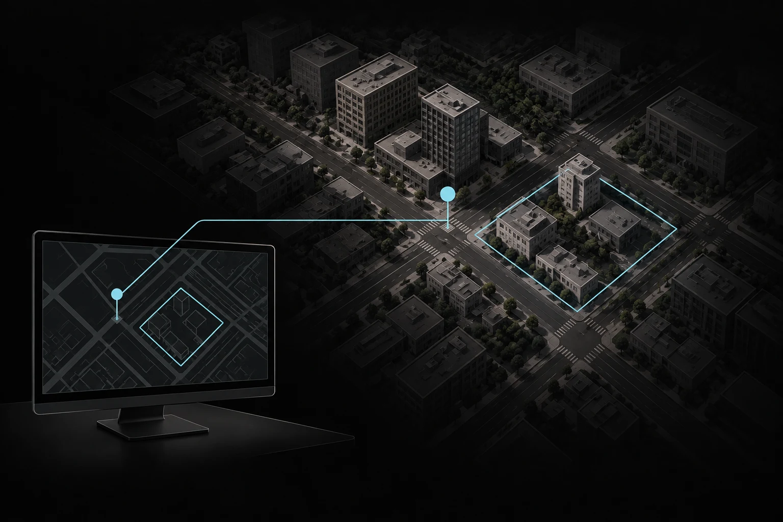 Concept illustration of a textured city with a geographic marker and area shown in a second workstation’s 2D map