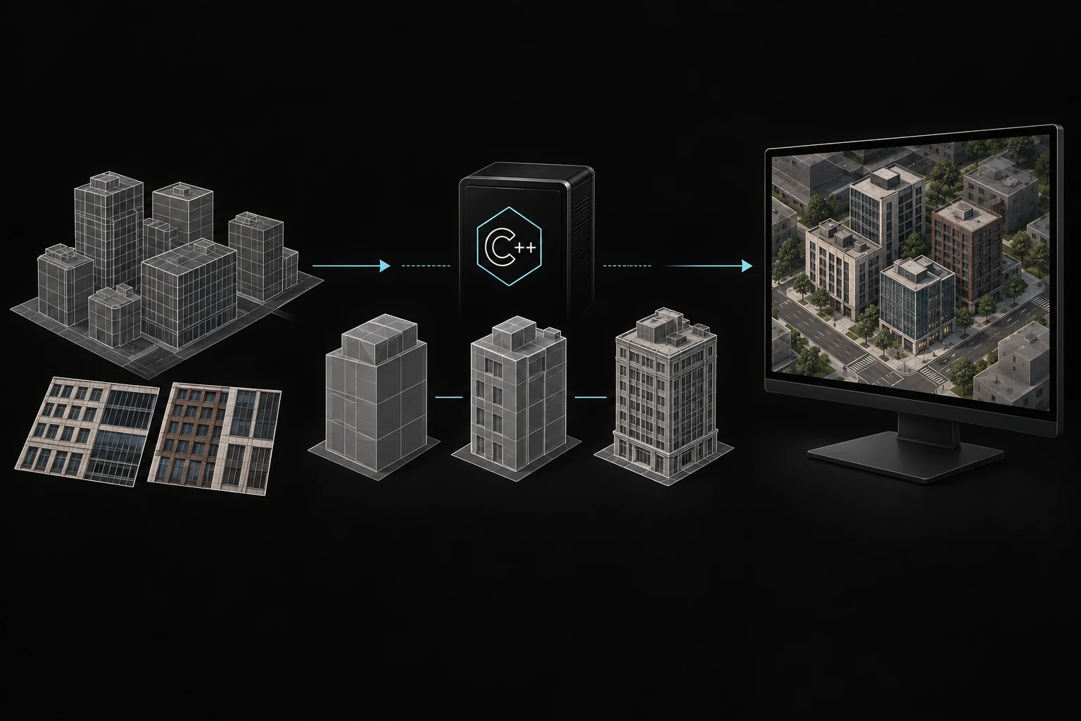Concept illustration of source buildings and facade textures processed into levels of detail for a textured map view