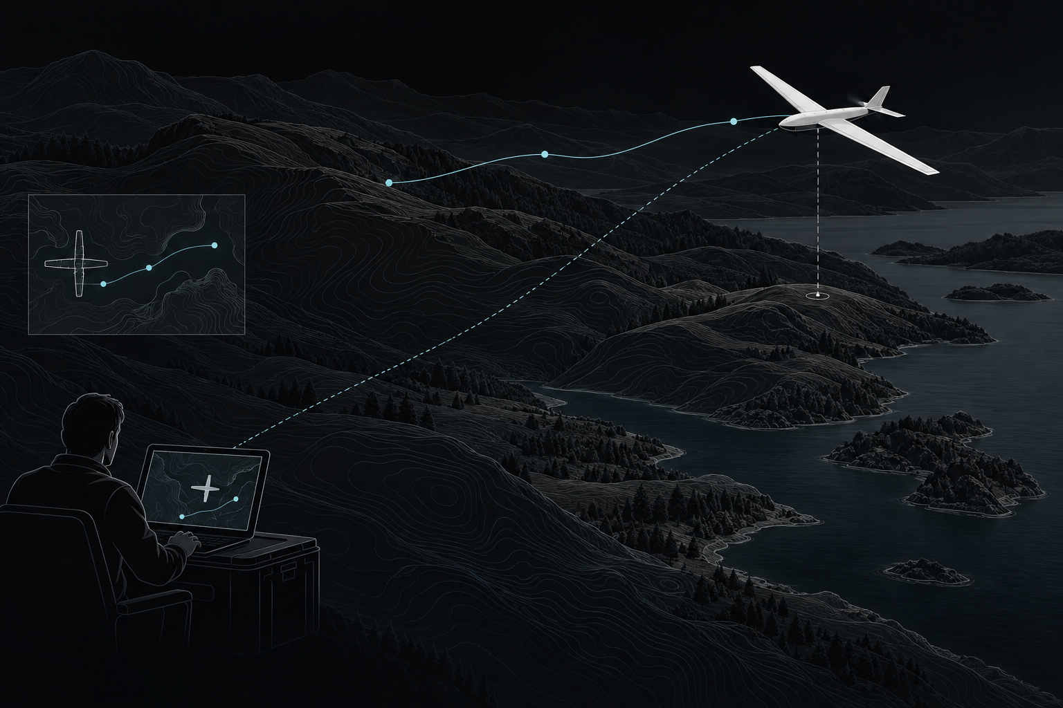 Concept illustration connecting an aircraft, its geographic position, a map view and an operator workstation