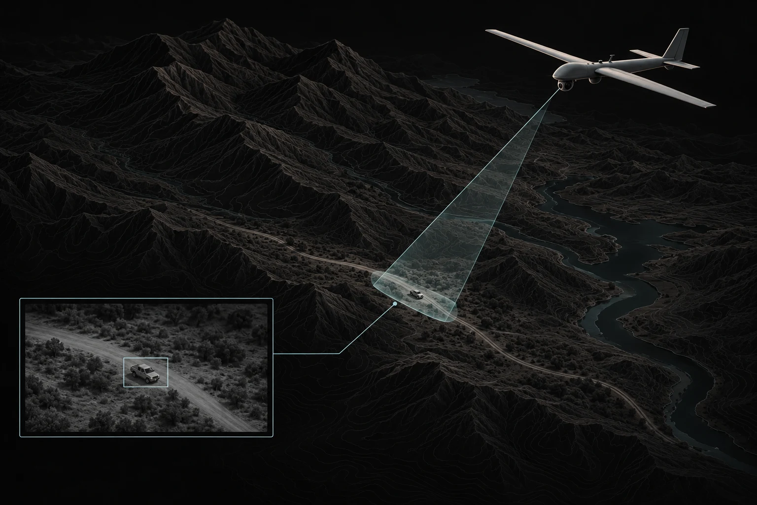 Concept illustration connecting an aircraft gimbal, a ground camera footprint and a video view of the same vehicle