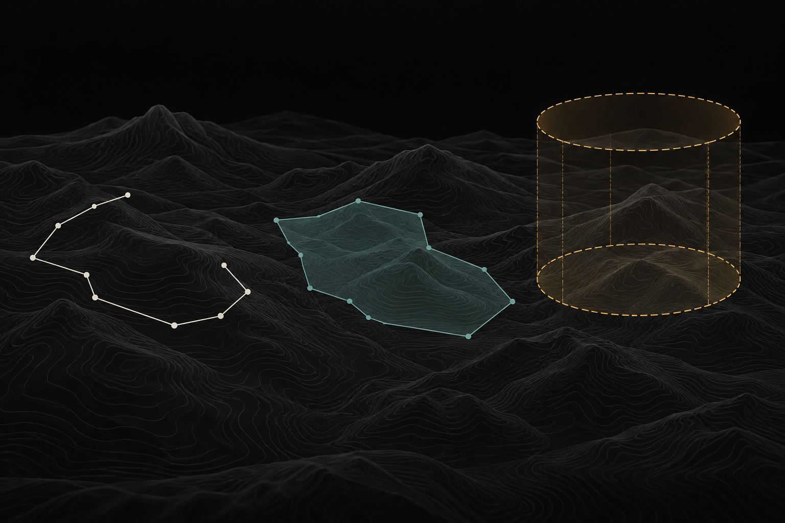 Concept illustration comparing map drawings, a surface mission area and a three-dimensional airspace volume