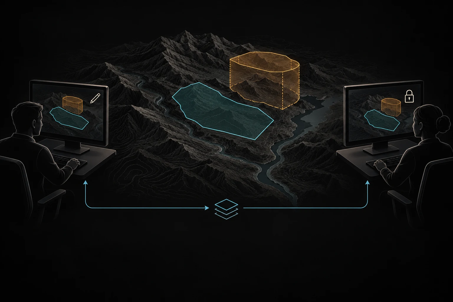 Concept illustration of two workstations viewing the same geographic area and airspace, with editing and read access distinguished