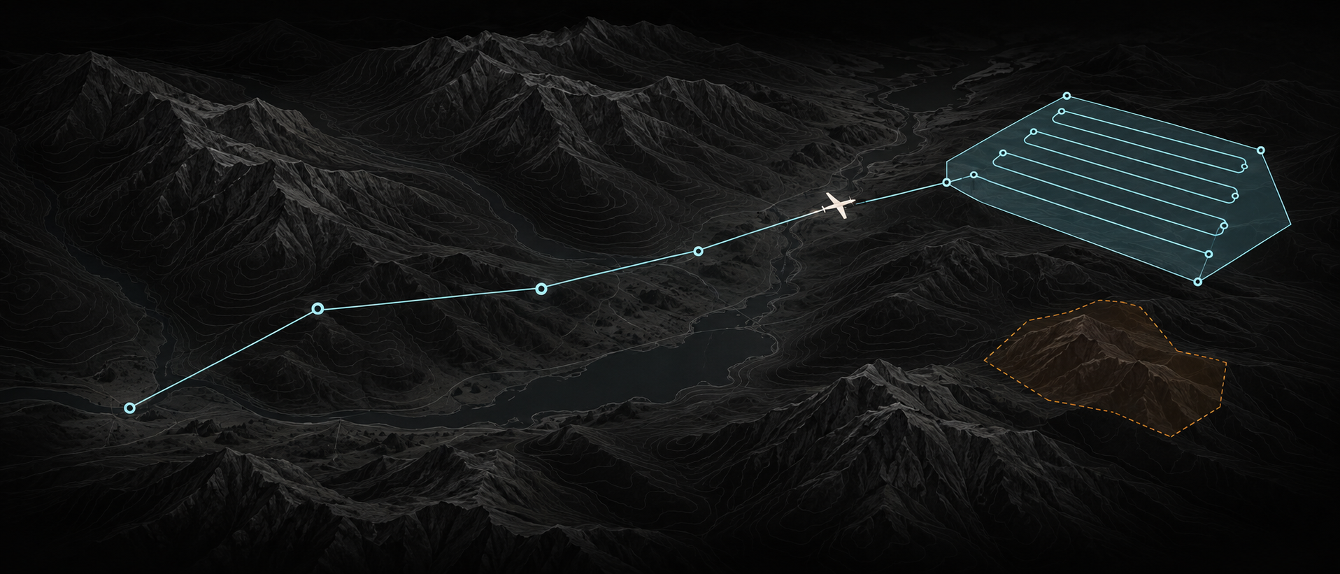Concept illustration of a transit route leading into a parallel-leg search pattern, with an aircraft and a separate exclusion area