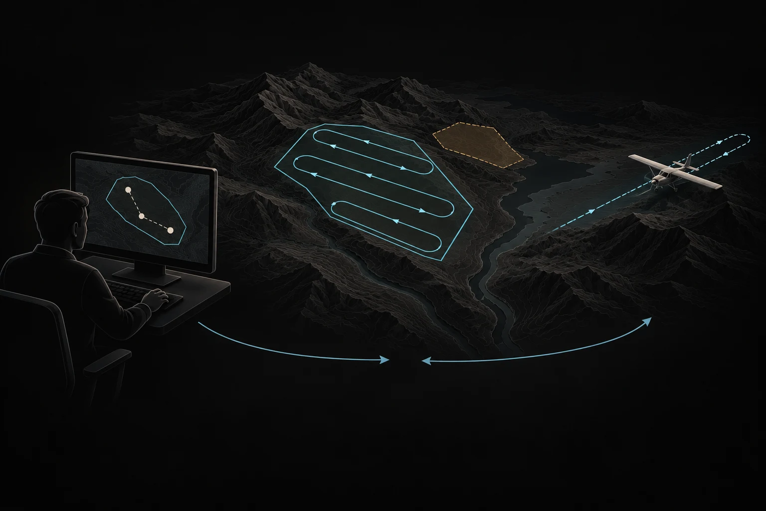 Concept illustration of operator planning inputs, a generated survey pattern and an aircraft following a route