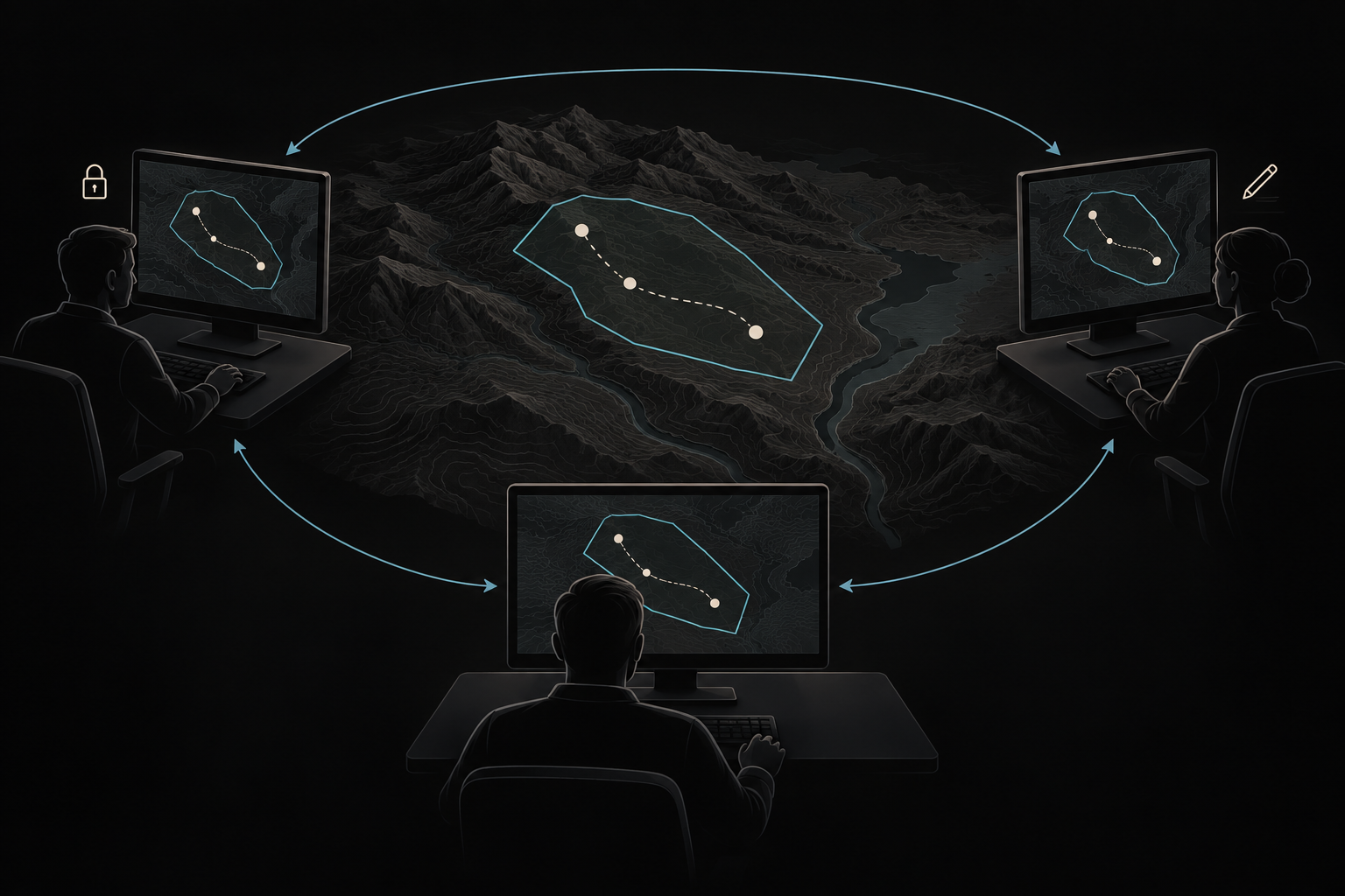 Concept illustration of three workstations sharing a map, route and operating area, with separate viewing and editing permissions