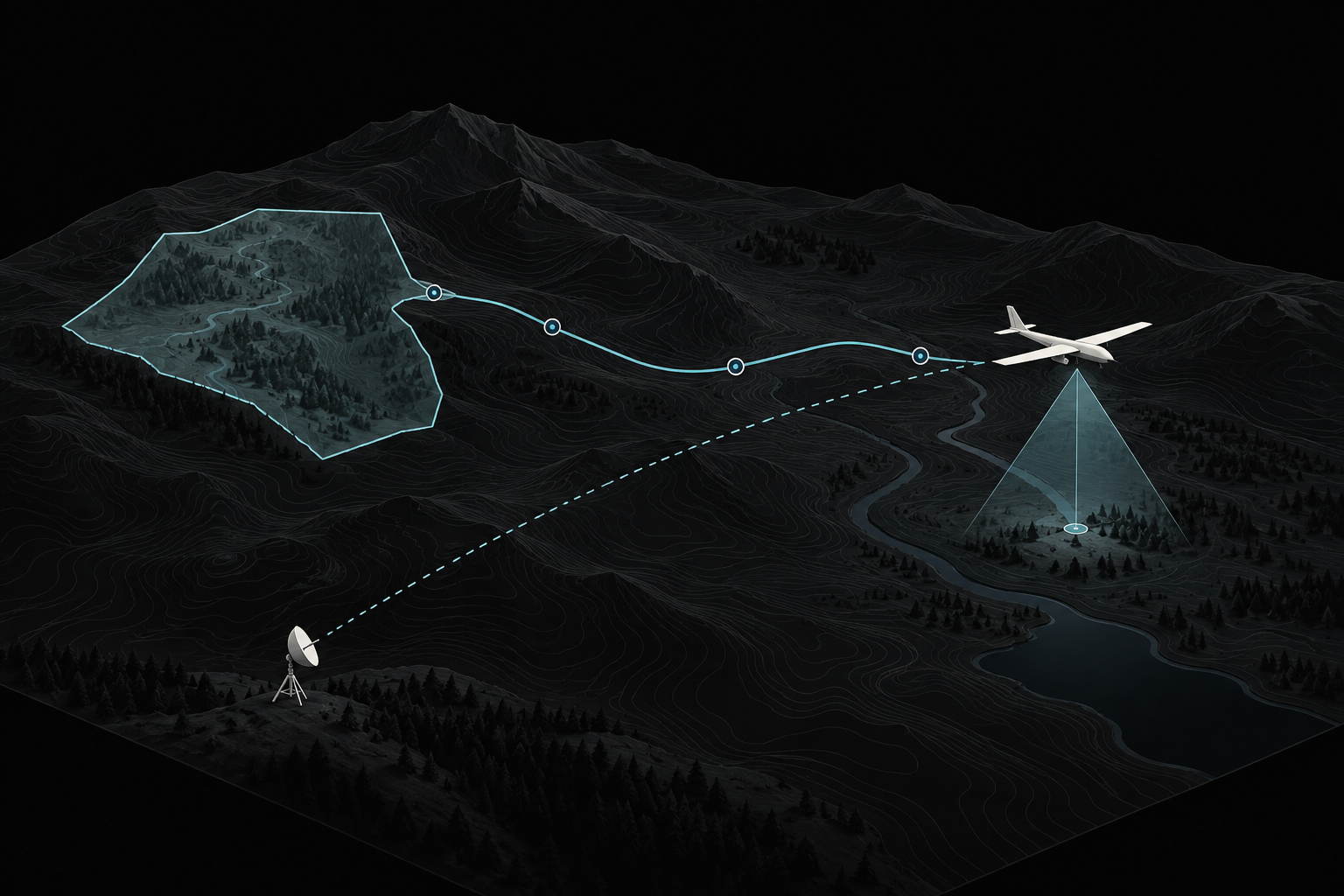 Mission workflow illustration connecting an operating area, route waypoints, ground station, aircraft and sensor field of view